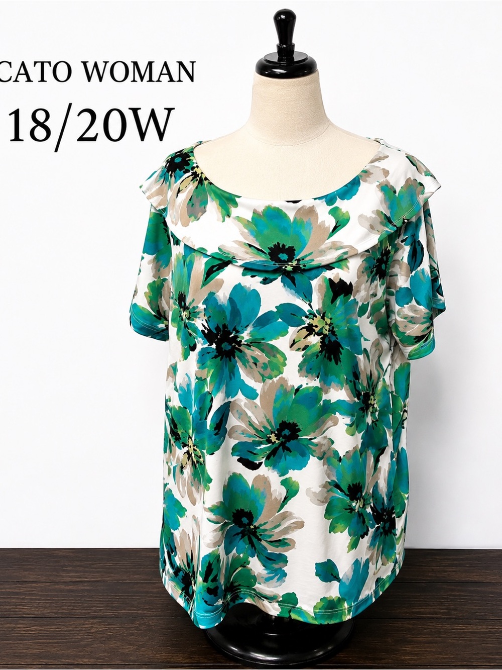 Cato Woman 18/20W Floral Top Blue Green Layered Neck Plus Size